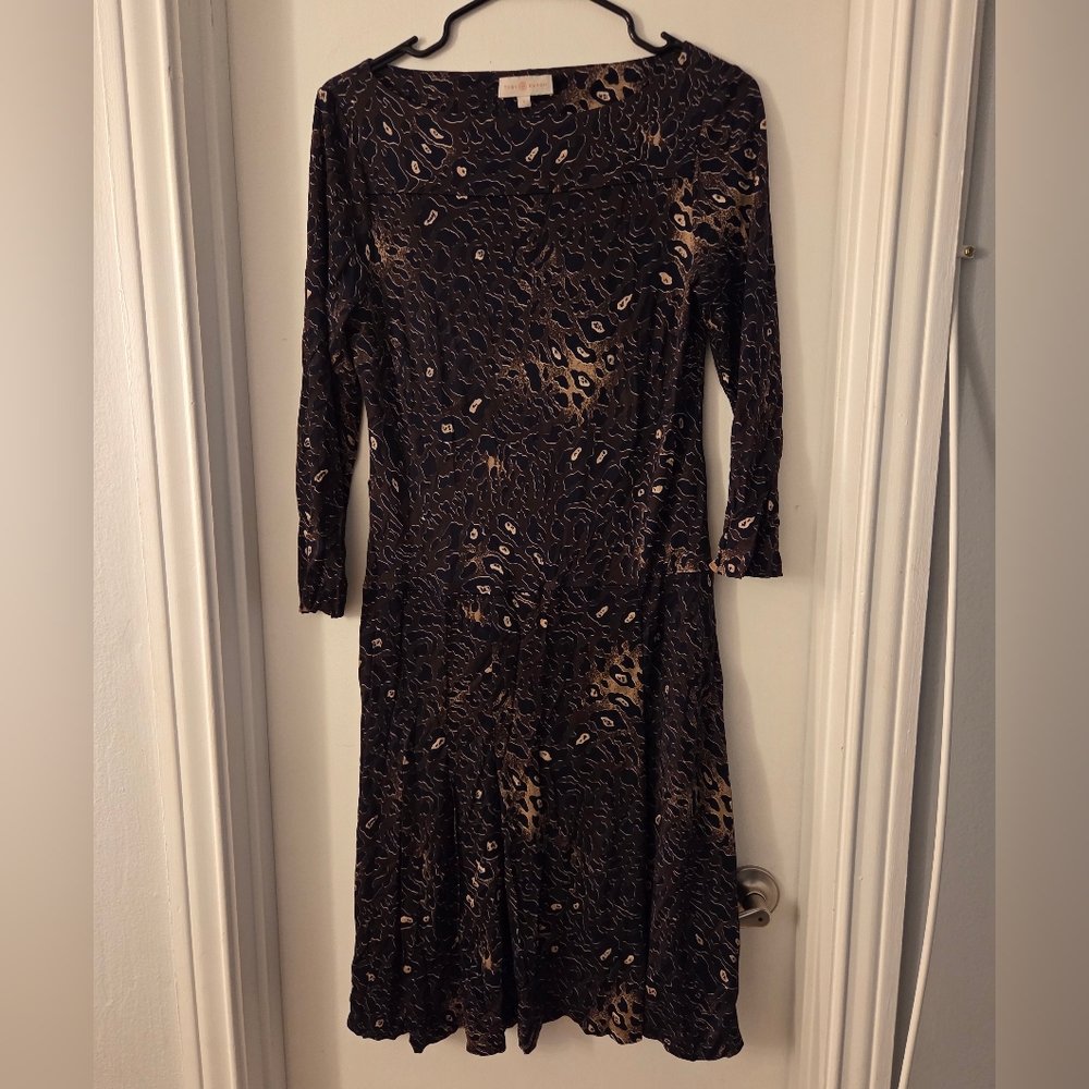 Tory Burch Brown & Navy Cheetah Print Long Sleeve Dress Sz Small